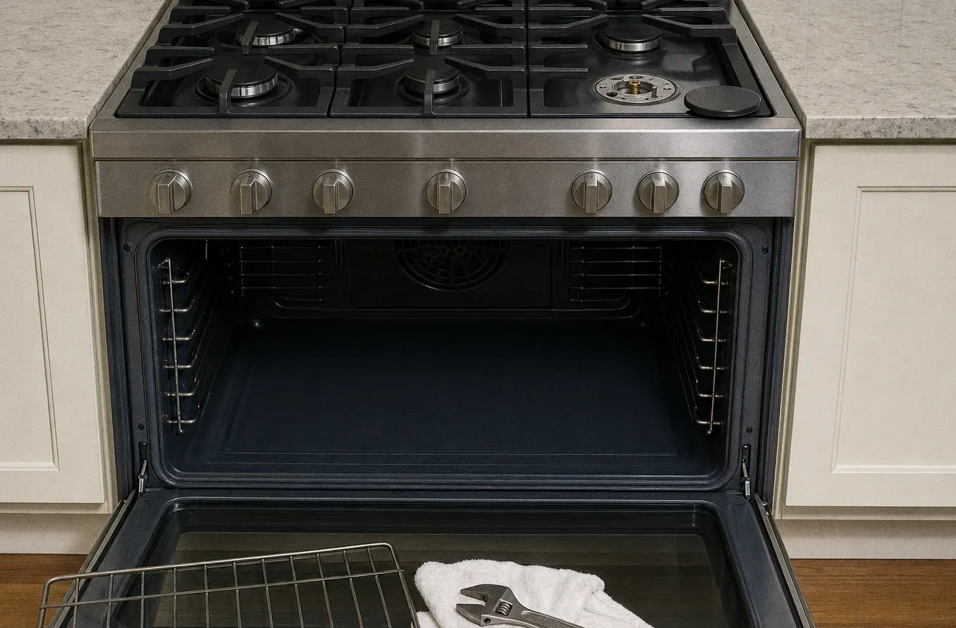 A gas range with the oven door open, one rack on the floor in front of it and a wrench lying on a towel across the door