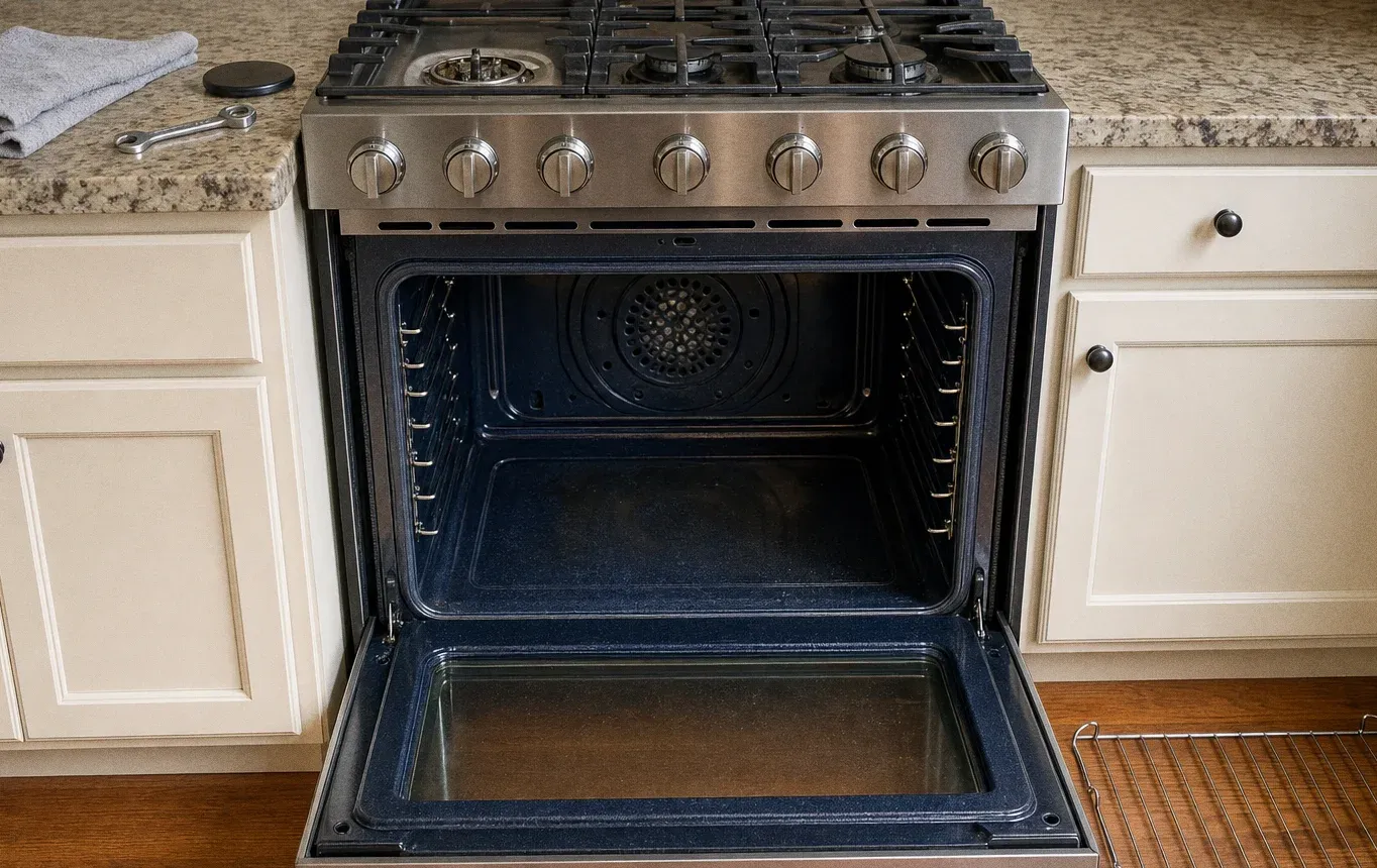 An open oven cavity with the circular convection fan cover visible on the back wall, the range set into white cabinets