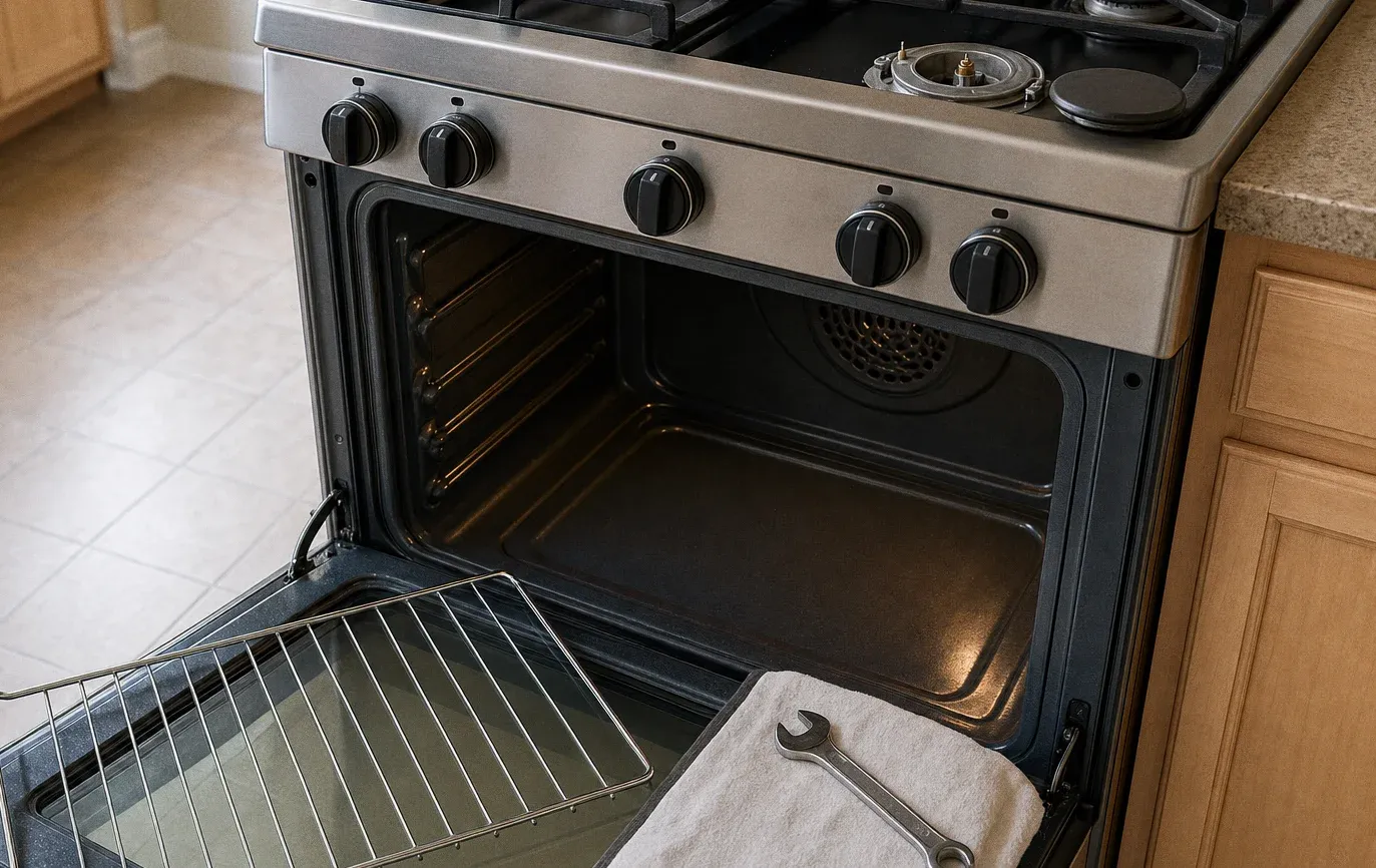 A low view of an open oven with a wire rack pulled out onto the door and a wrench on a folded towel beside it