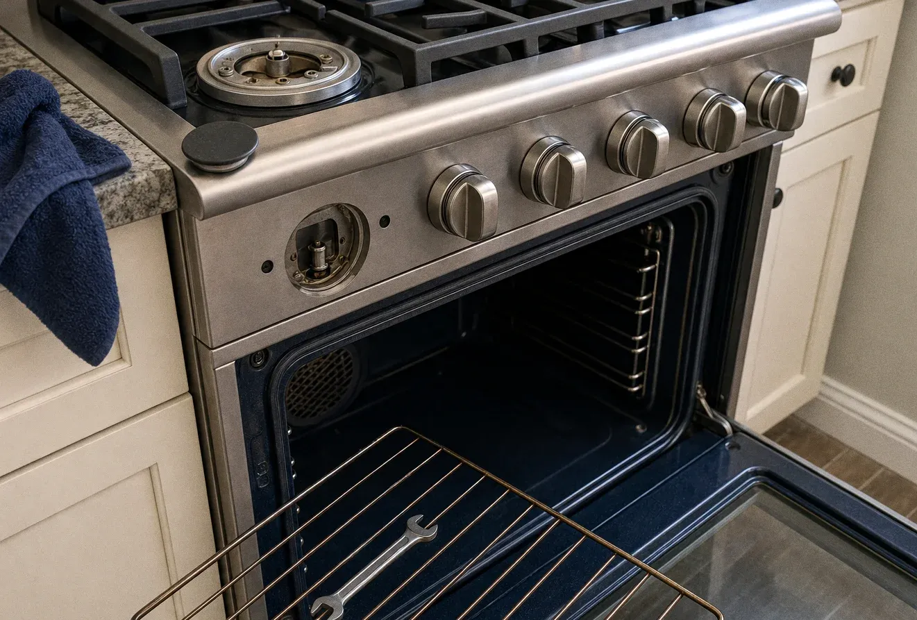 A gas range from the right-hand side with the oven door open, a rack pulled out and one burner base exposed on the cooktop