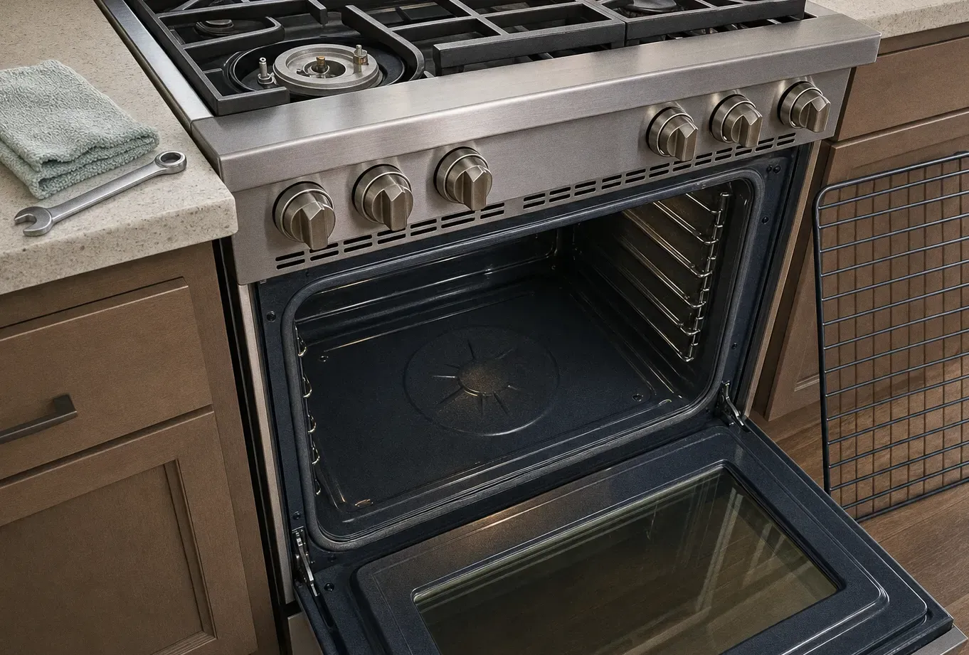An open oven cavity with the fan cover at the back, a rack on the floor and a folded cloth on the worktop above